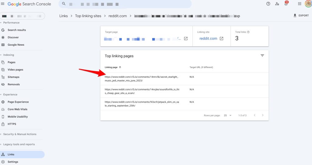 Google search console - top linking pages